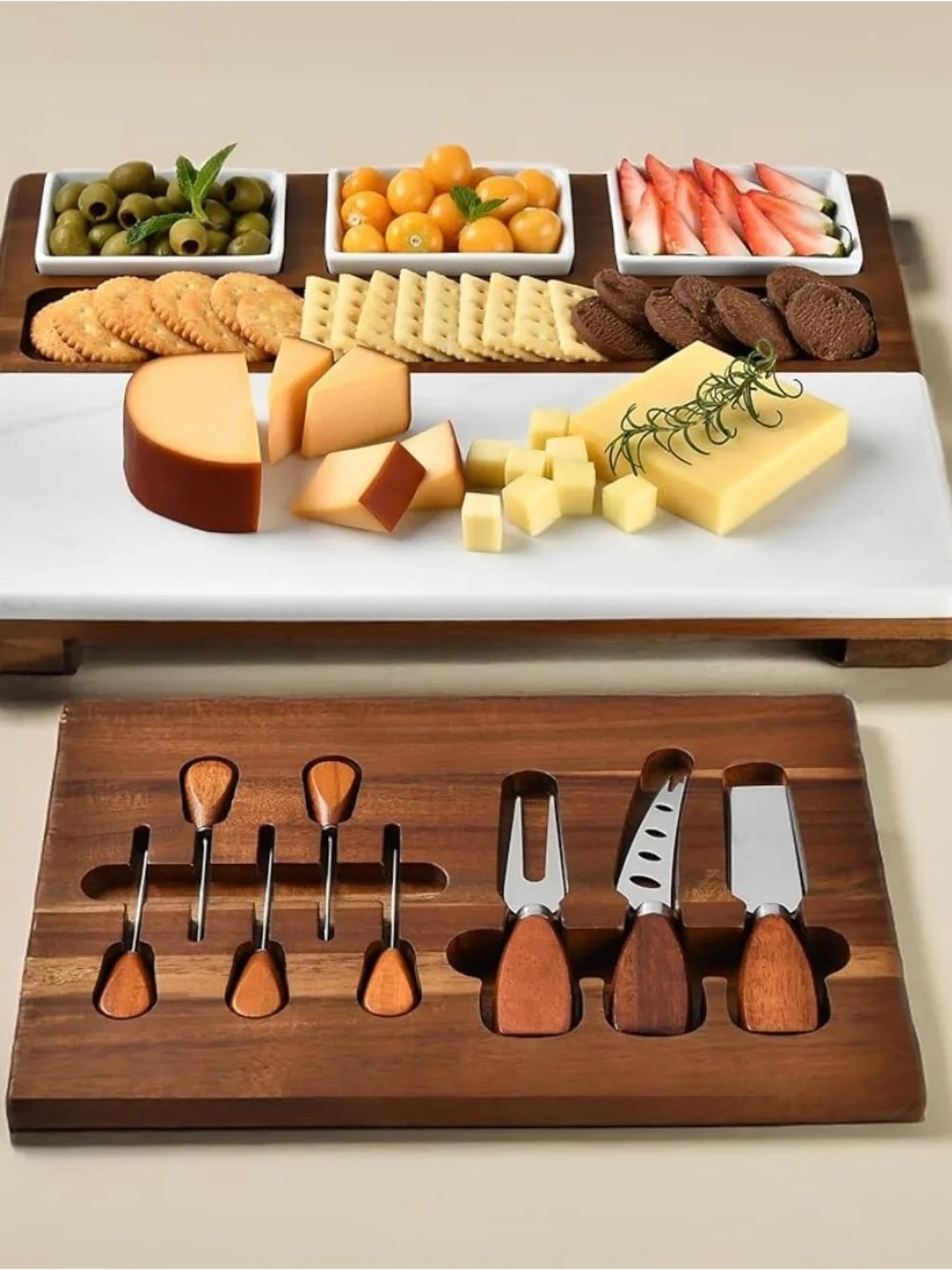 Wood & Marble Cheese Serving Board Set with White Ceramic Dishes